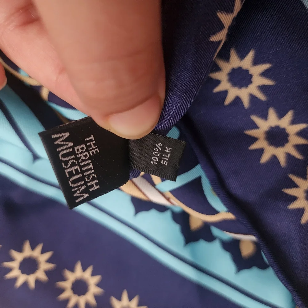 The British Museum 100% silk scarf blue geometric